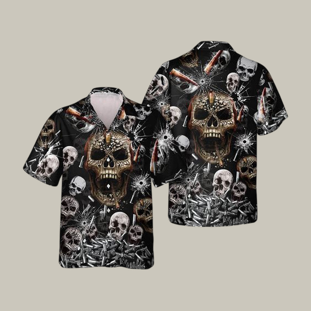 Head Shot Bullets Background Skull Hawaiian Shirt Vintage Aloha Shirt Father's Day Present