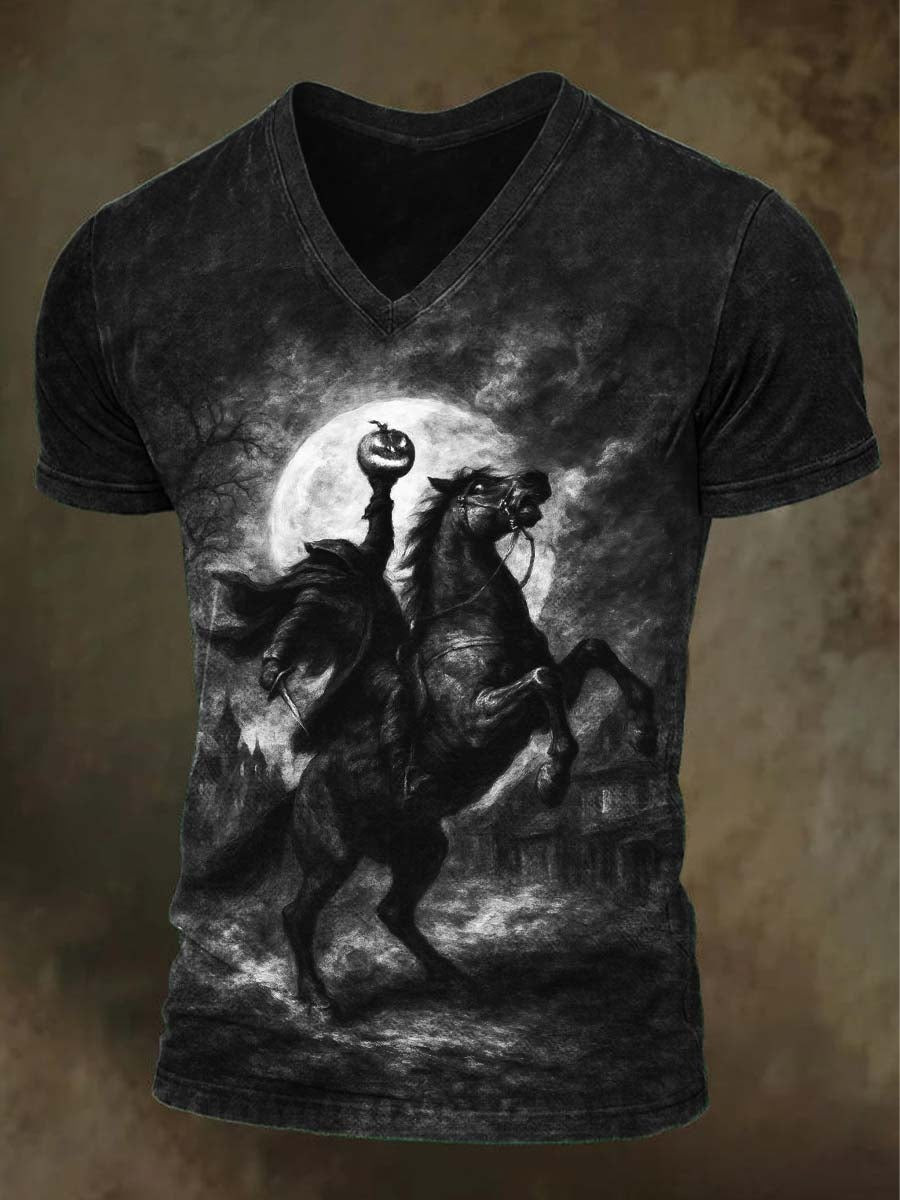Headless Horseman V-Neck Shirt Gothic Horror Dark Spooky Tops Halloween Gift Ideas