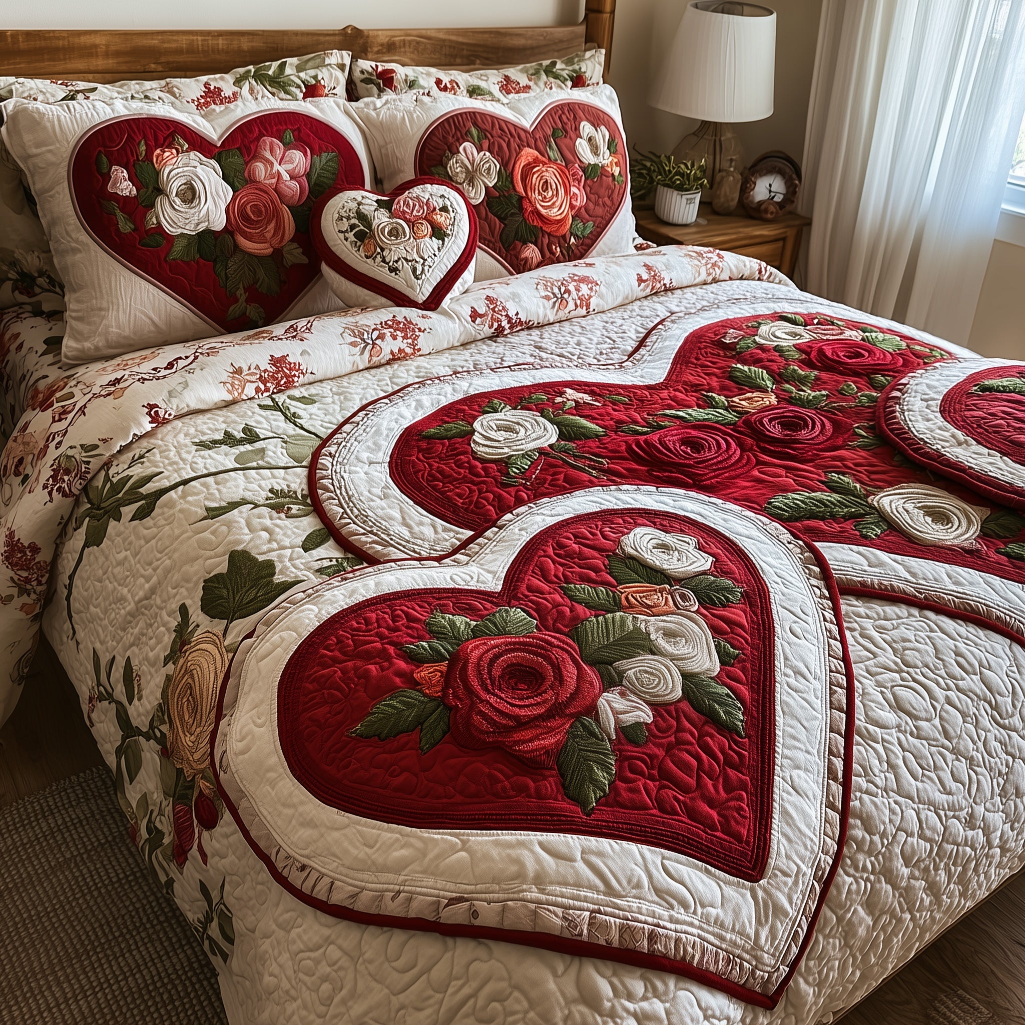 Heart And Rose Quilted Bedding Set Cozy Bedroom