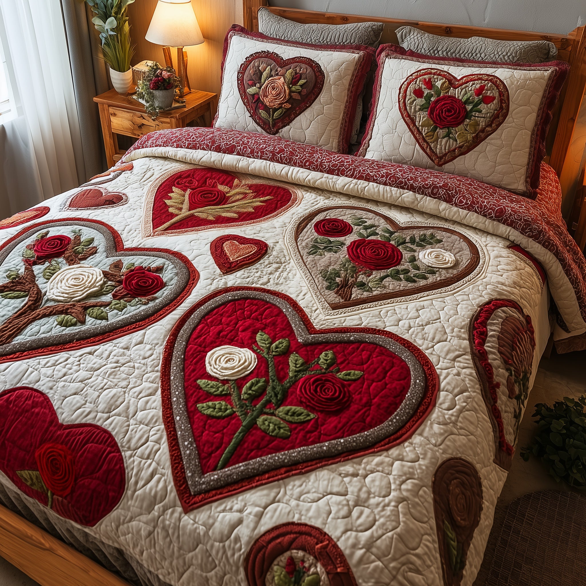 Heart and Rose Quilted Bedding Set Duvet Cover Bedspread Best Christmas Presents 2025