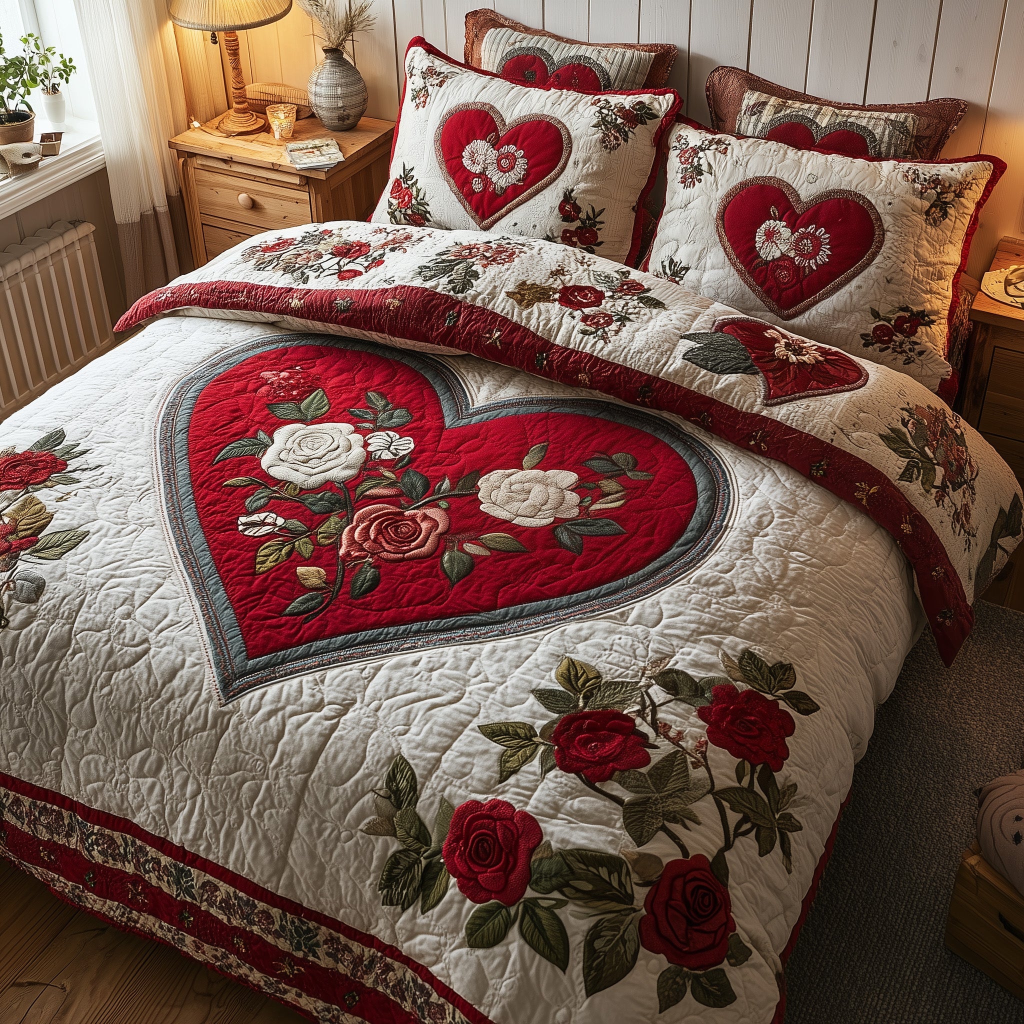 Heart And Rose Quilted Bedding Set For Women