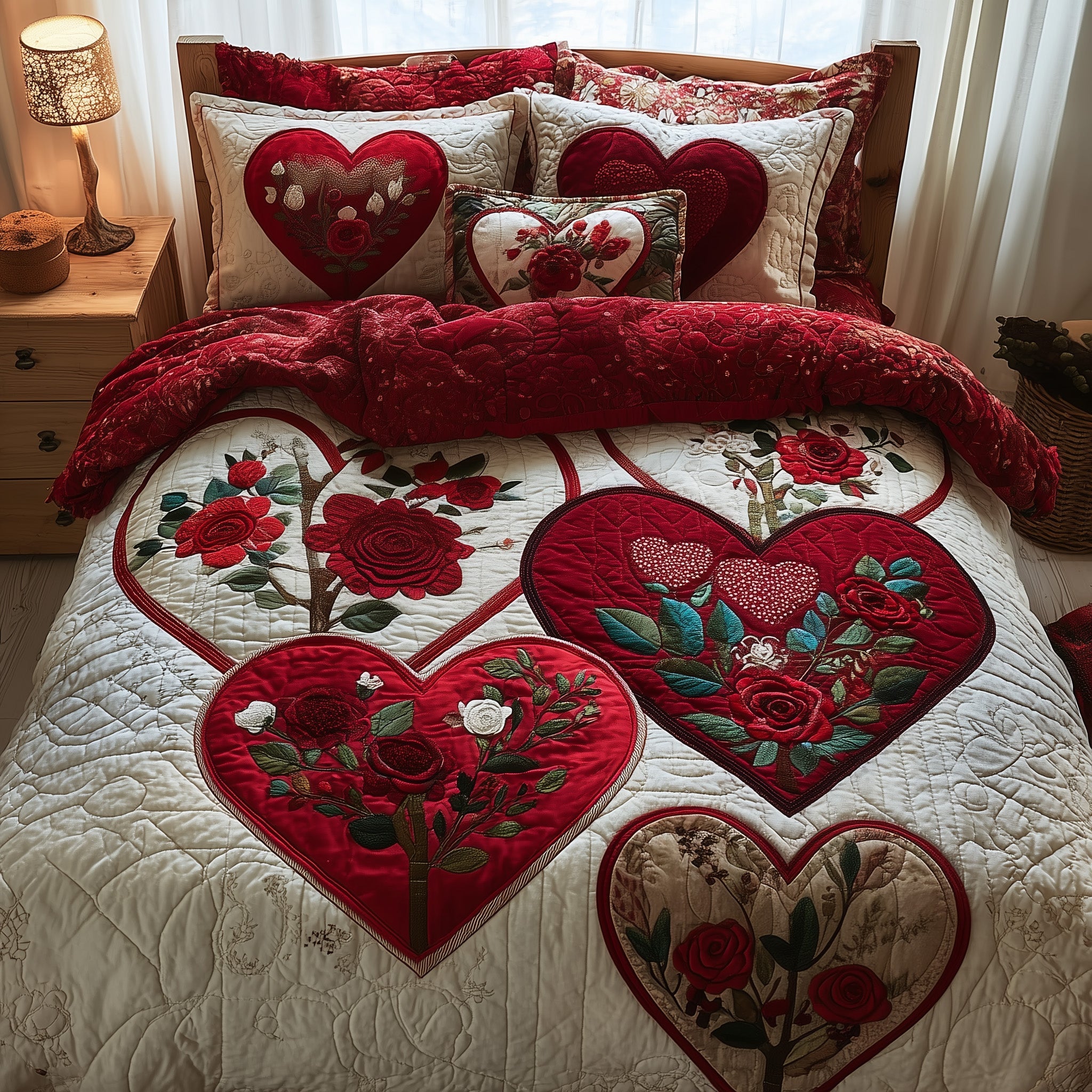 Heart And Rose Quilted Bedding Set Stylish Home Decor