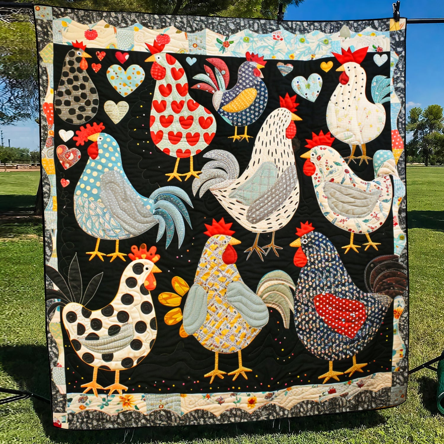 Heart Chickens Quilted Blanket Chicken Lover Presents