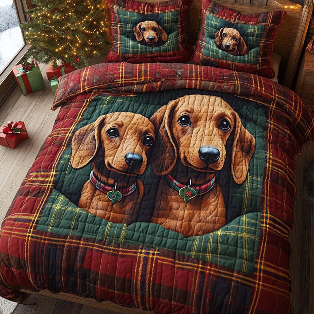 Heart Dachshund Quilted Bedding Set Holiday Season Duvet Cover Set Dachshund Xmas Decorations