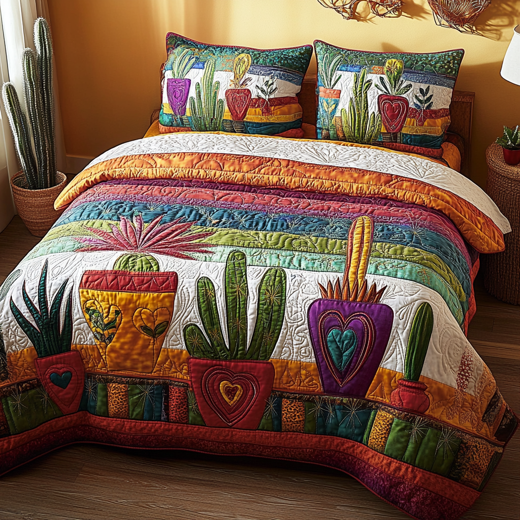 Heart Garden Quilted Bedding Set Xmas Holiday Duvet Cover Set Gifts For Cactus Lovers