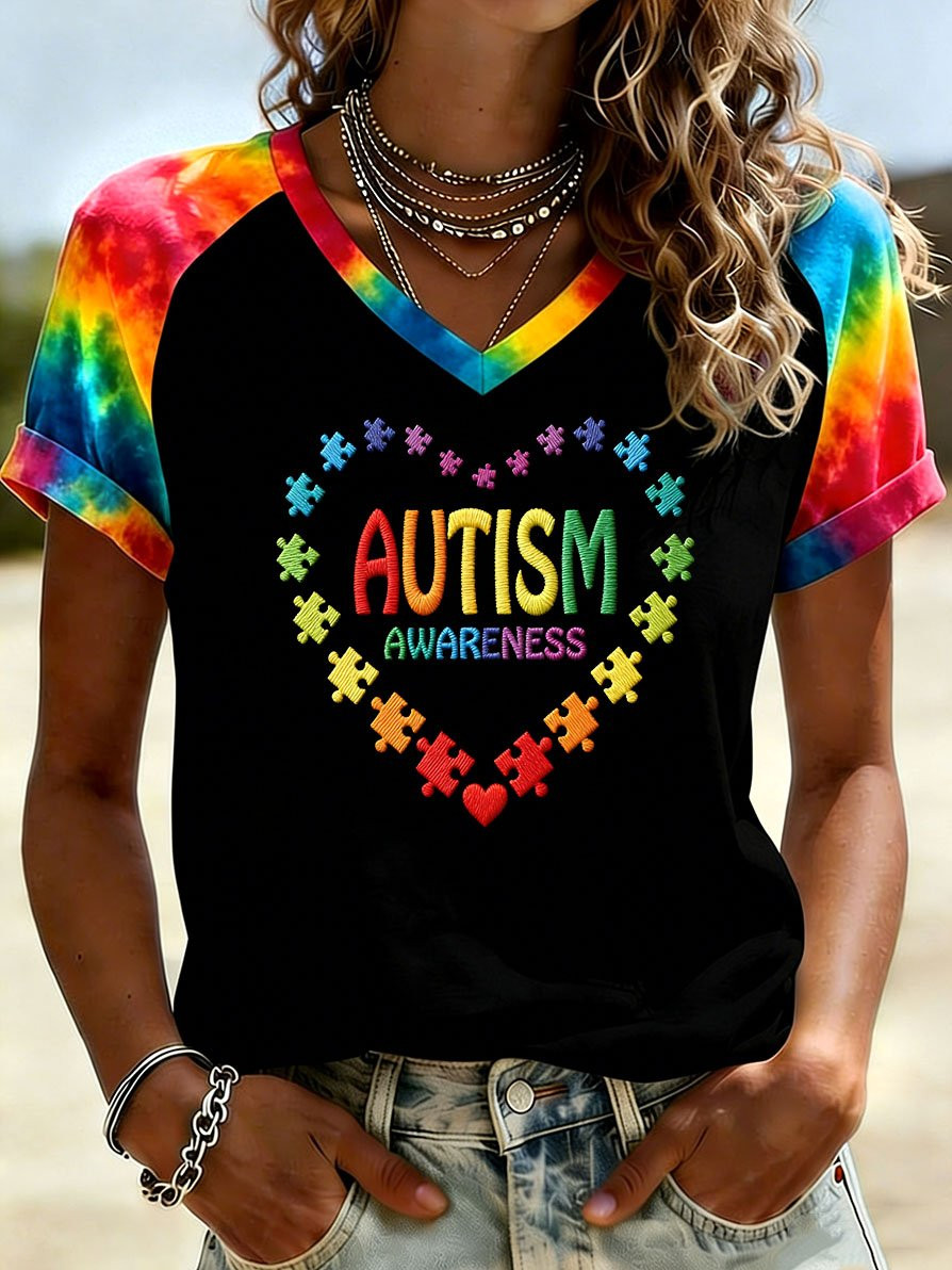 Heart Puzzle V-Neck Shirt Autism Awareness Apparel Gift For Supporters