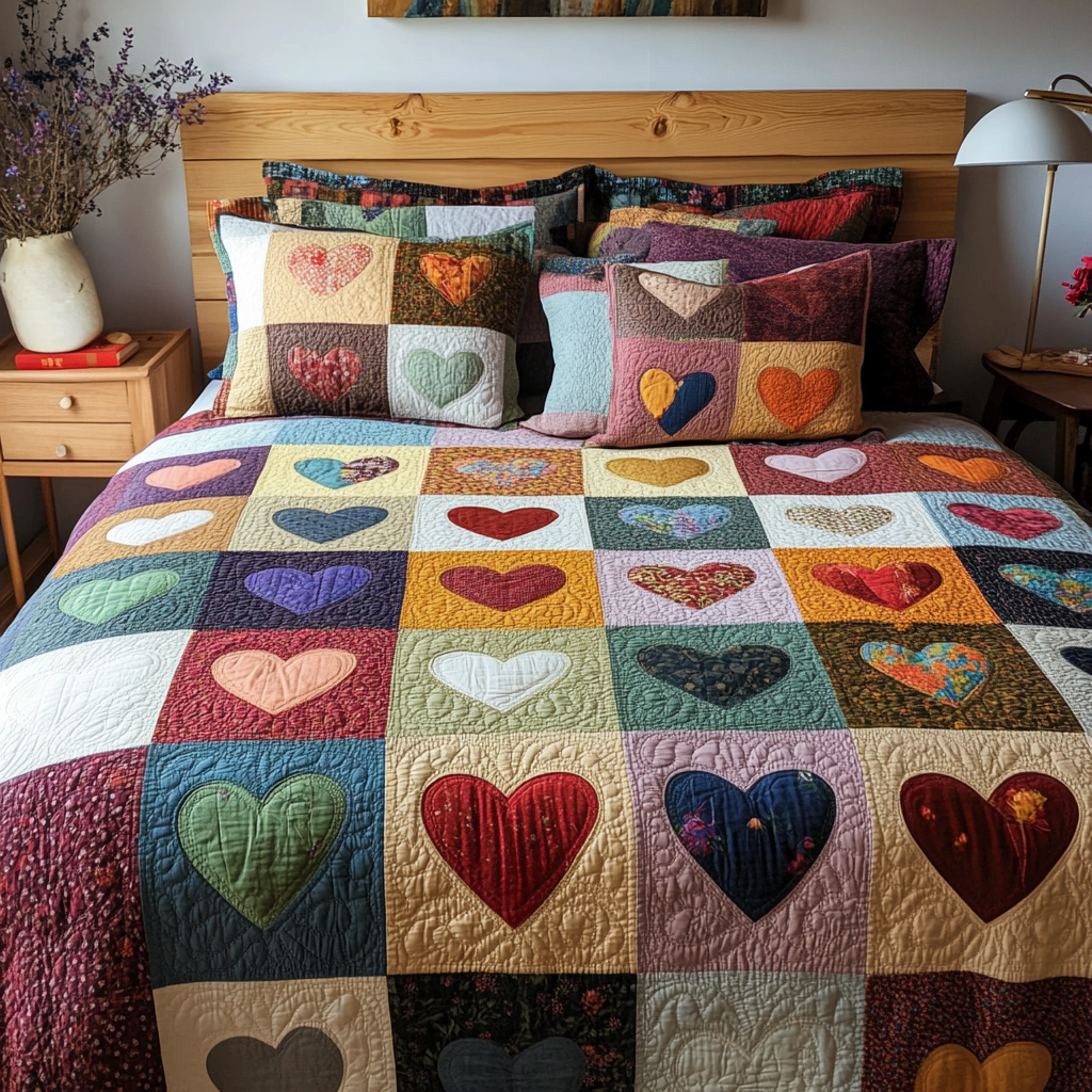 Heart Quilt Bedding Set Holiday Queen Size Comforter Set Romantic Gift for Couples