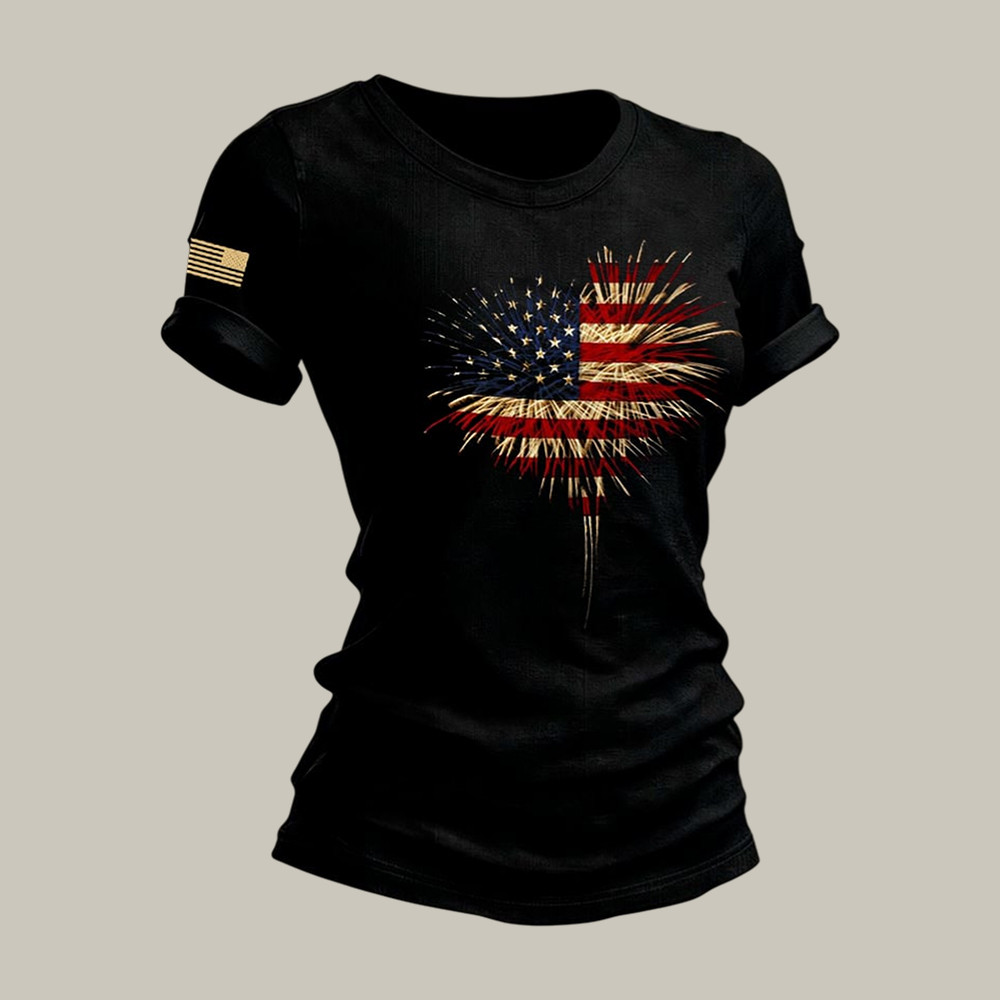 Heart Shaped Fireworks American Flag T-Shirt 4th Of July Attire Present For Girlfriend
