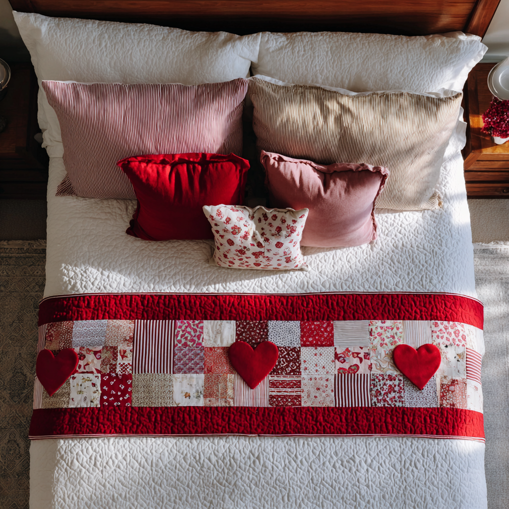 Heart Trail Quilted Bed Runner Cozy Bedroom Decor Christmas Present Ideas