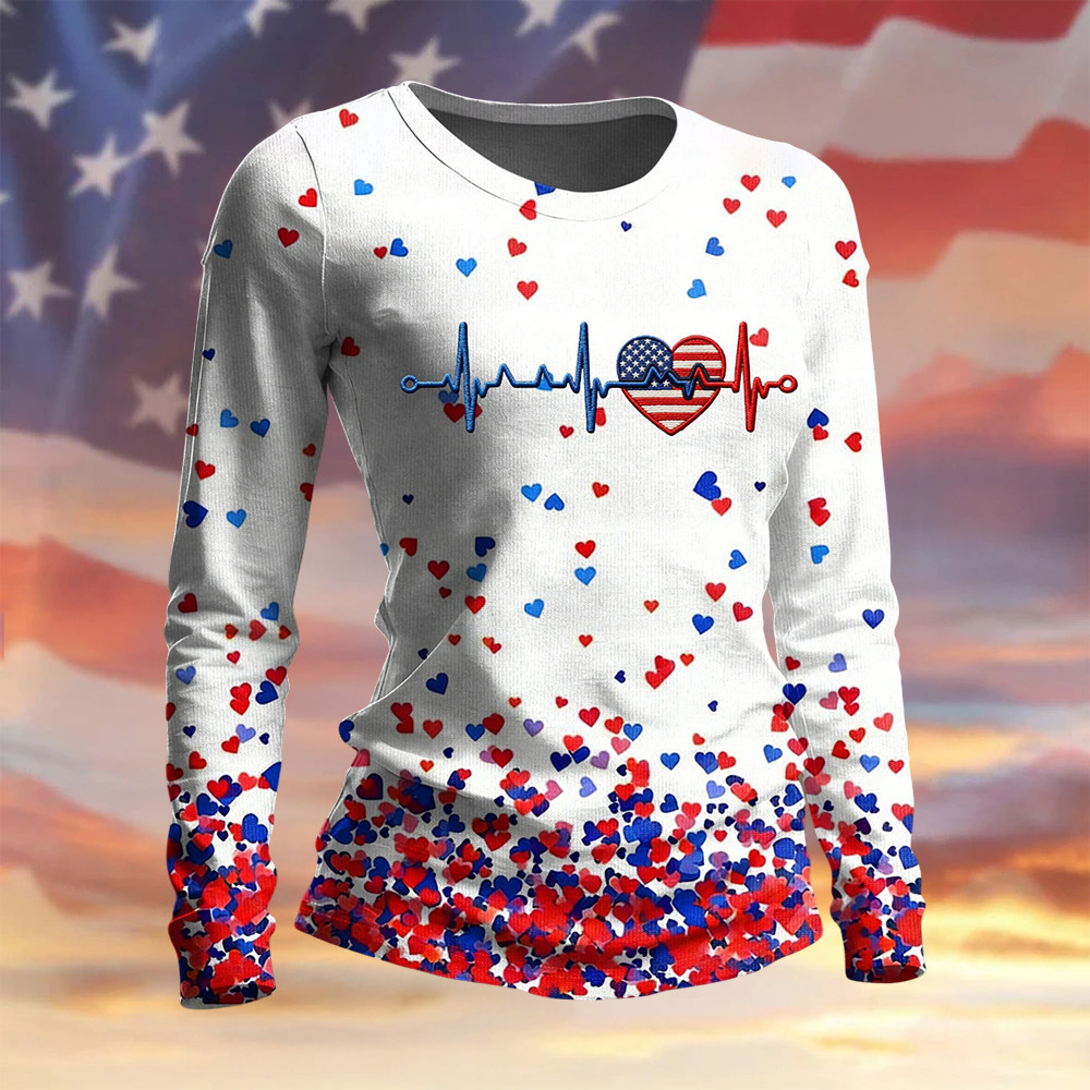 Heartbeat Graphic Long Sleeve Shirt 4Th Of July Outfits Cool Present For Girlfriend
