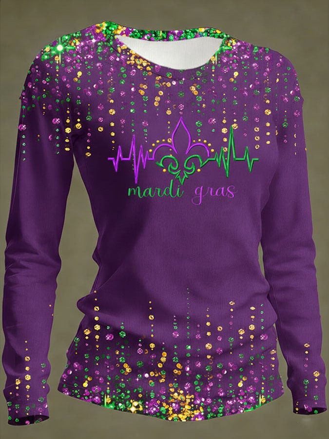 Heartbeat Mardi Gras Long Sleeve T-Shirt Women's Long Sleeve Mardi Gras Shirts Holiday Apparel