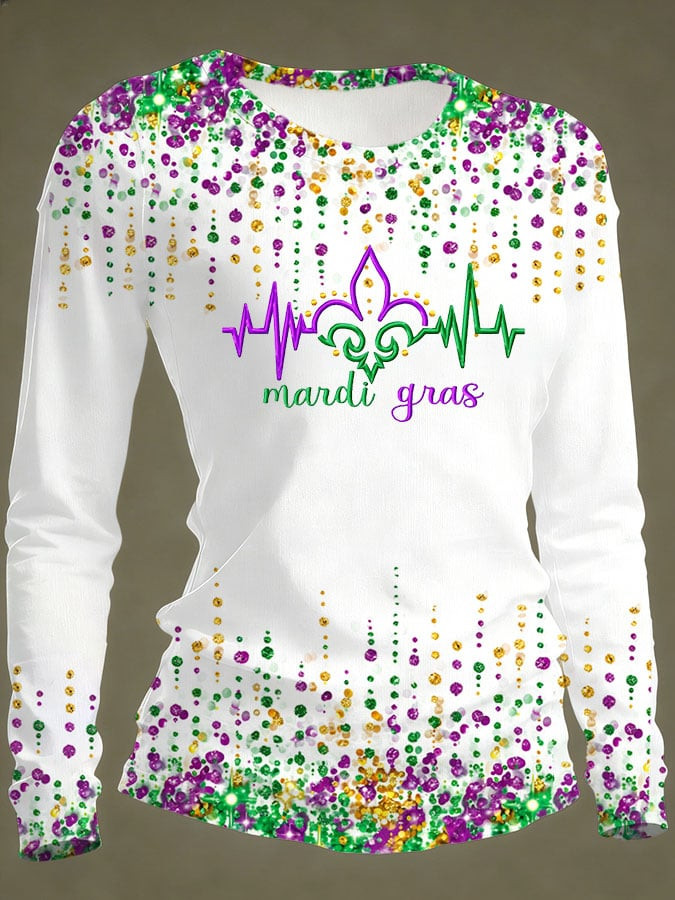 Heartbeat Mardi Gras Long Sleeve T-Shirt Women's Long Sleeve Mardi Gras Shirts Wife Gifts