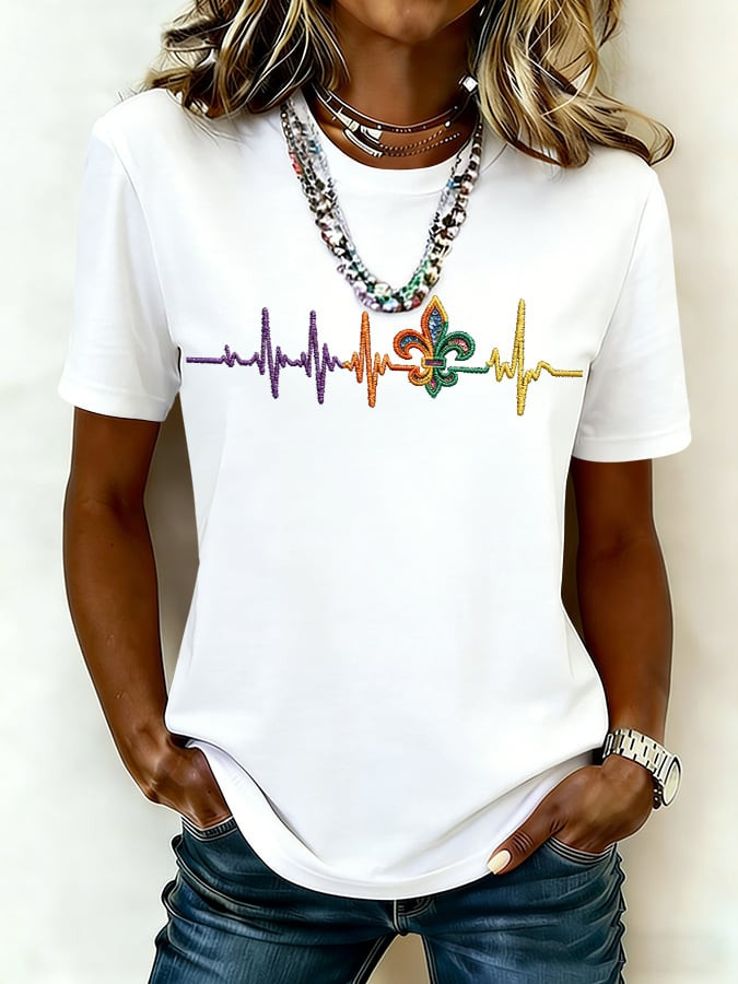 Heartbeat Mardi Gras T-Shirt White Mardi Gras Shirts Women Holiday Apparel