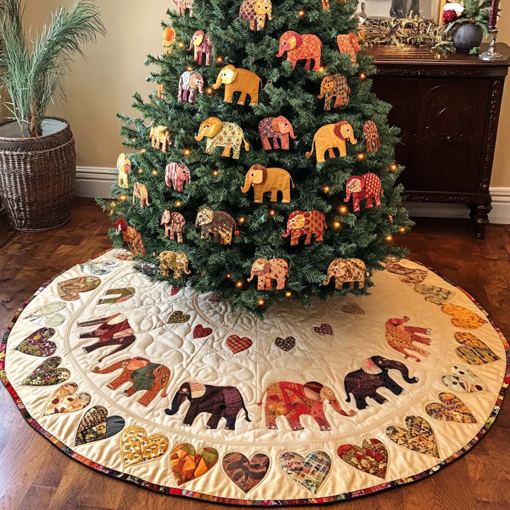 Heartfelt Moments Christmas Quilted Tree Skirt Winter Home Decor Elephant Lover Christmas Gifts