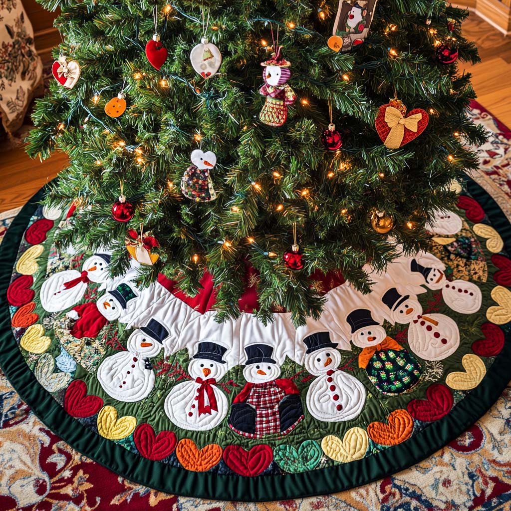 Heartfelt Snowmen Christmas Quilted Tree Skirt Holiday Tree Base Decoration