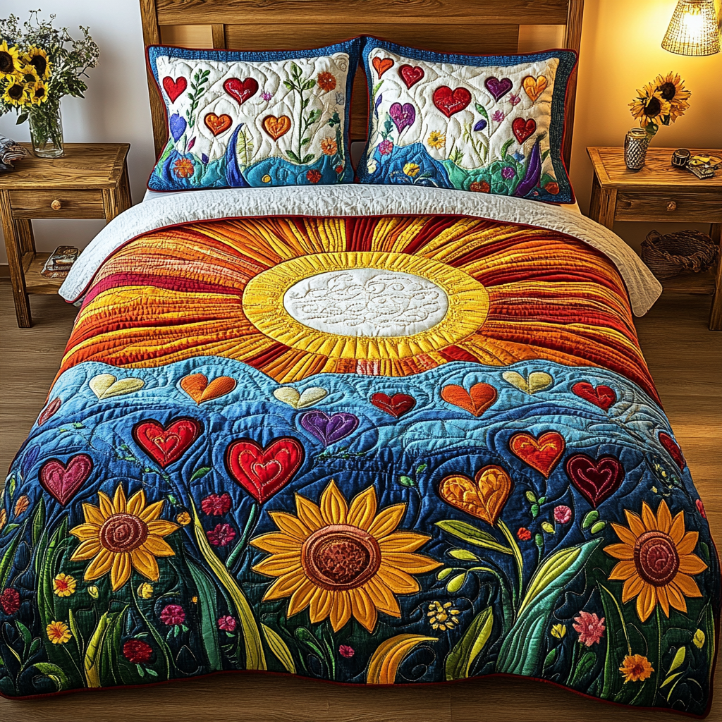Heartful Garden Quilted Bedding Set Aesthetic Room Decor Sunflower Presents
