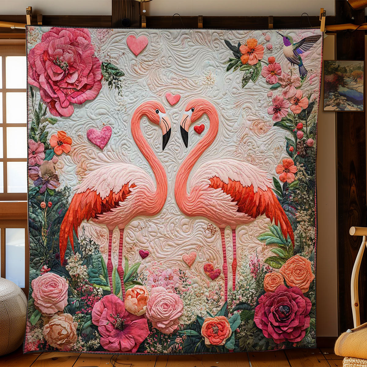 Hearts And Flamingos Valentine Quilt Ultra-Soft Quilt Blanket for Hotel-Like Experience
