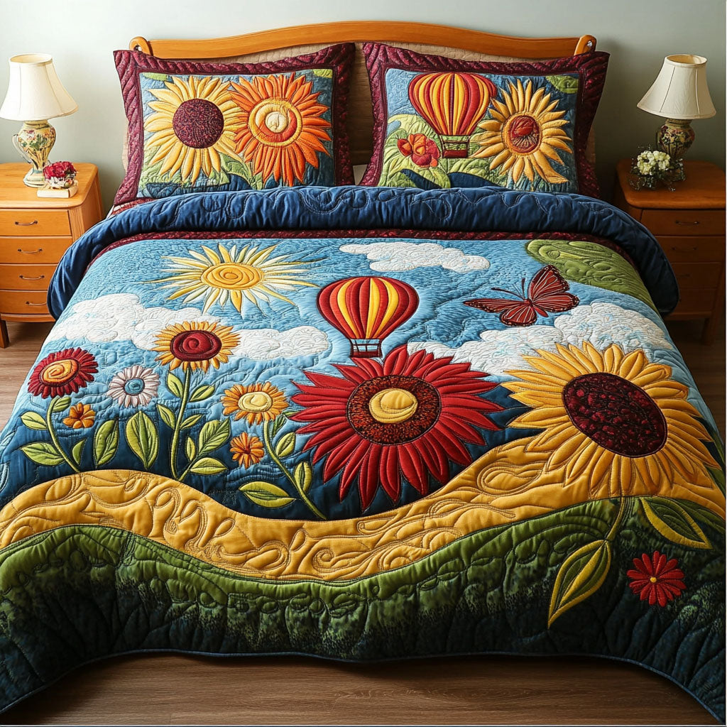 Hearts in the Sky Quilted Bedding Set Cozy Bedroom Decor Best Sky Air Balloon Merch Gifts