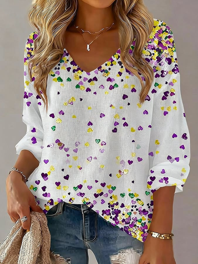 Hearts Mardi Gras Long Sleeve V-Neck T-Shirt Fleur De Lis Mardi Gras Clothes For Sale