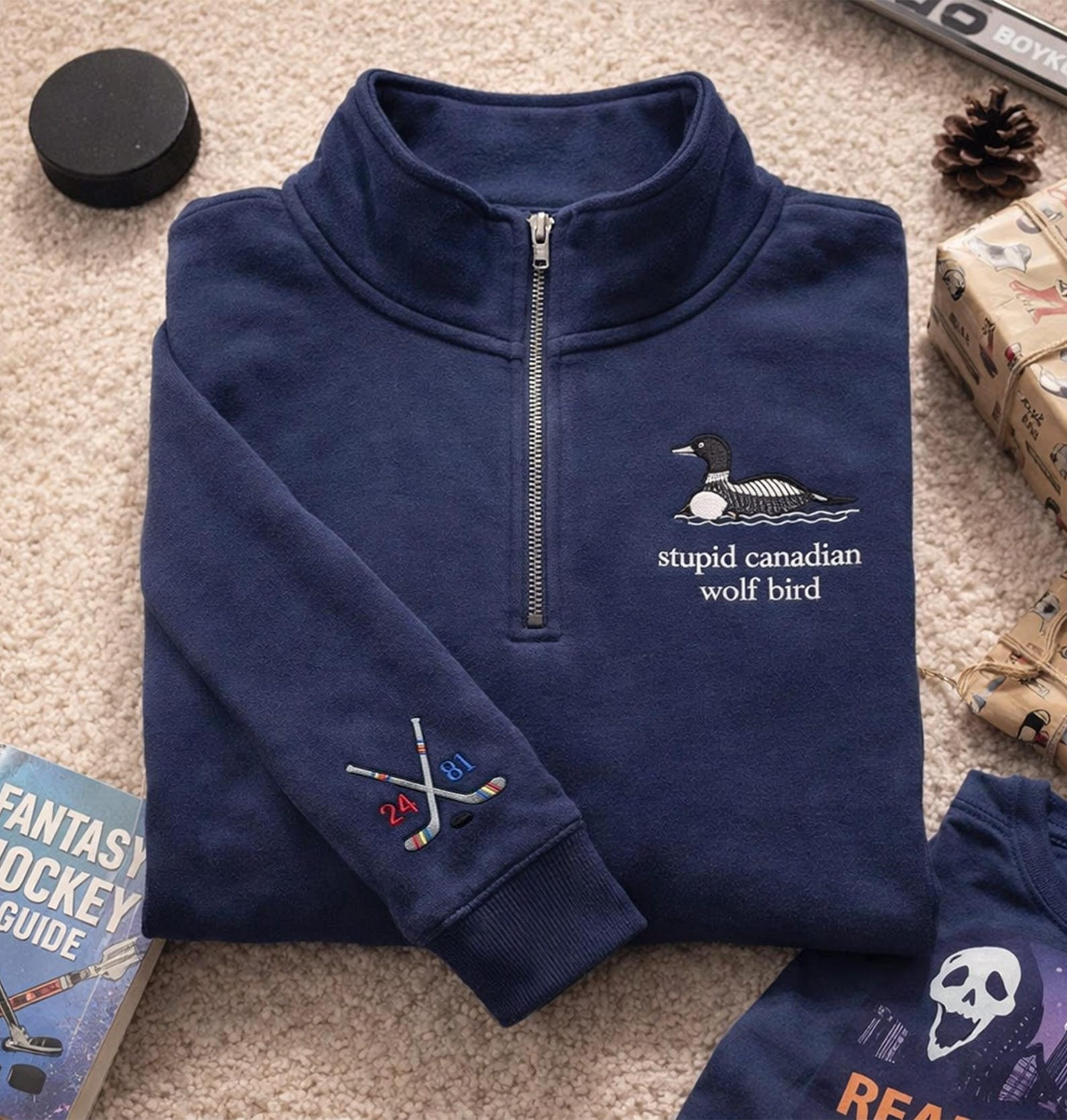 Heated Rivalry Merch Heated Rivalry Quarter Zip Sweatshirt Stupid Canadian Wolf Bird Apparel