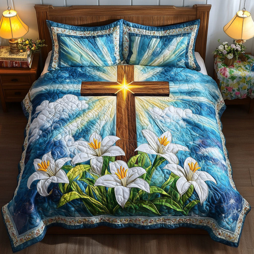 Heavenly Cross Serenity Quilted Bedding Set Cozy Bedroom Decor Christian Gifts For Women