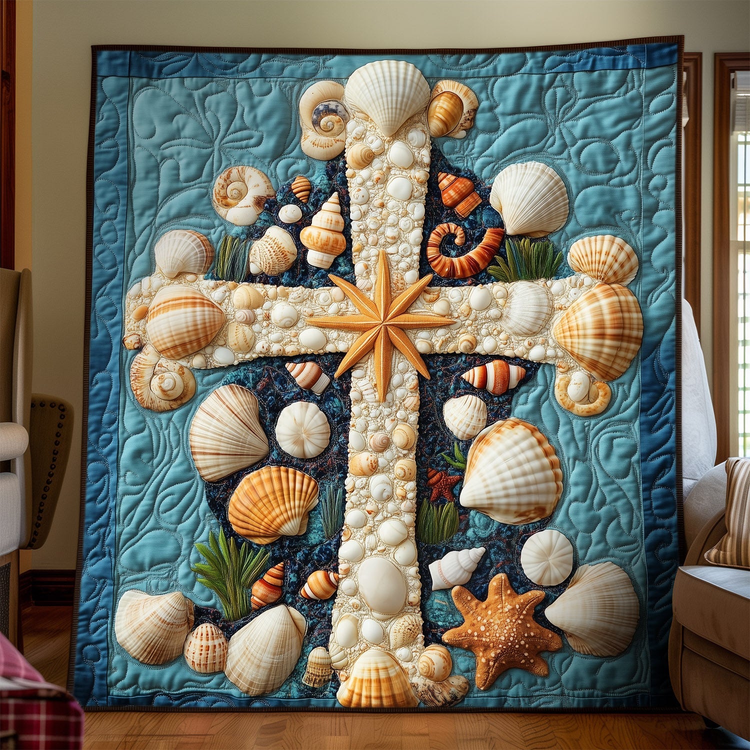 Heavenly Seashells Cross Quilted Blanket Gift For Christian