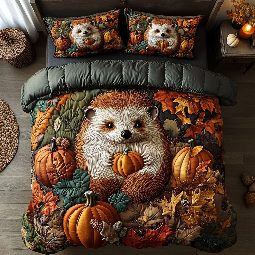 Hedgehog Among Leaves Quilted Bedding Set Best Bedspread Set Mid Autumn Festival Gift Ideas
