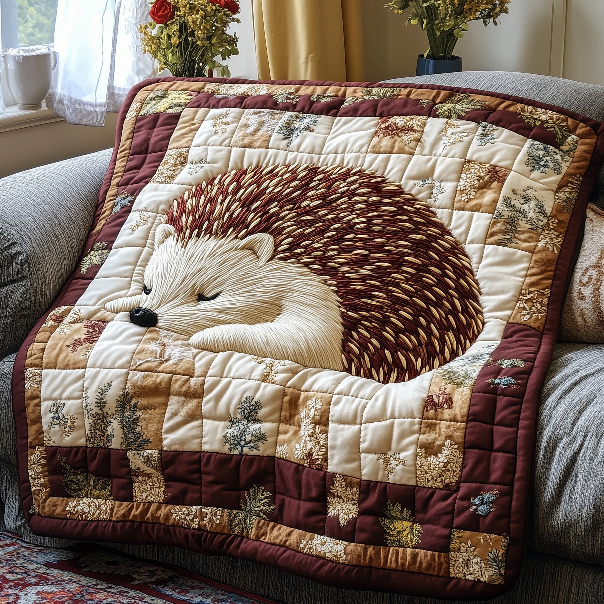 Hedgehog Cozy Nest Quilted Blanket Cute Bed BlanketGift For Hedgehog Owners Christmas