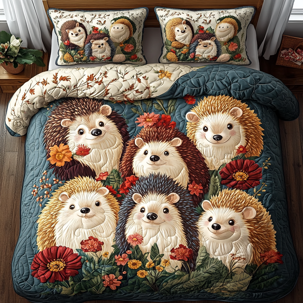 Hedgehog Hideaway Quilted Bedding Set Bed Decor Best Gift For Hedgehog