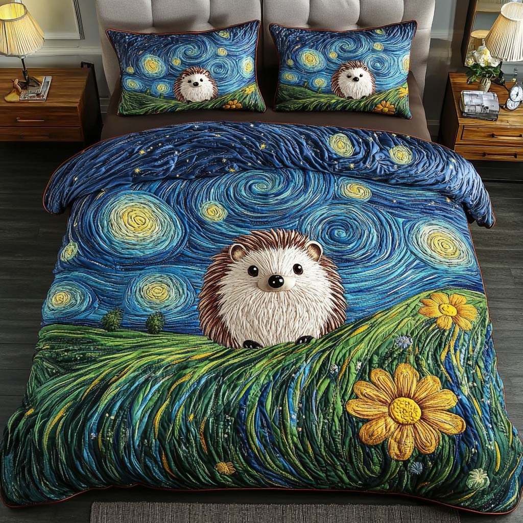 Hedgehog Meadow Quilted Bedding Set Van Gogh Inspired Bed Sheet Set Bed Decorations