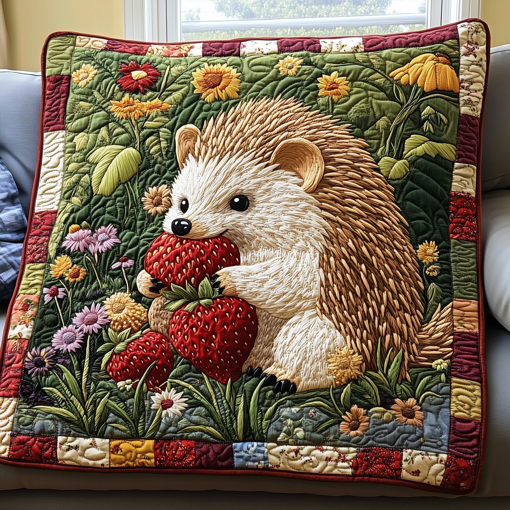 Hedgehog Strawberry Feast Quilted Blanket Cute Bed BlanketBest Gift For Hedgehog Christmas