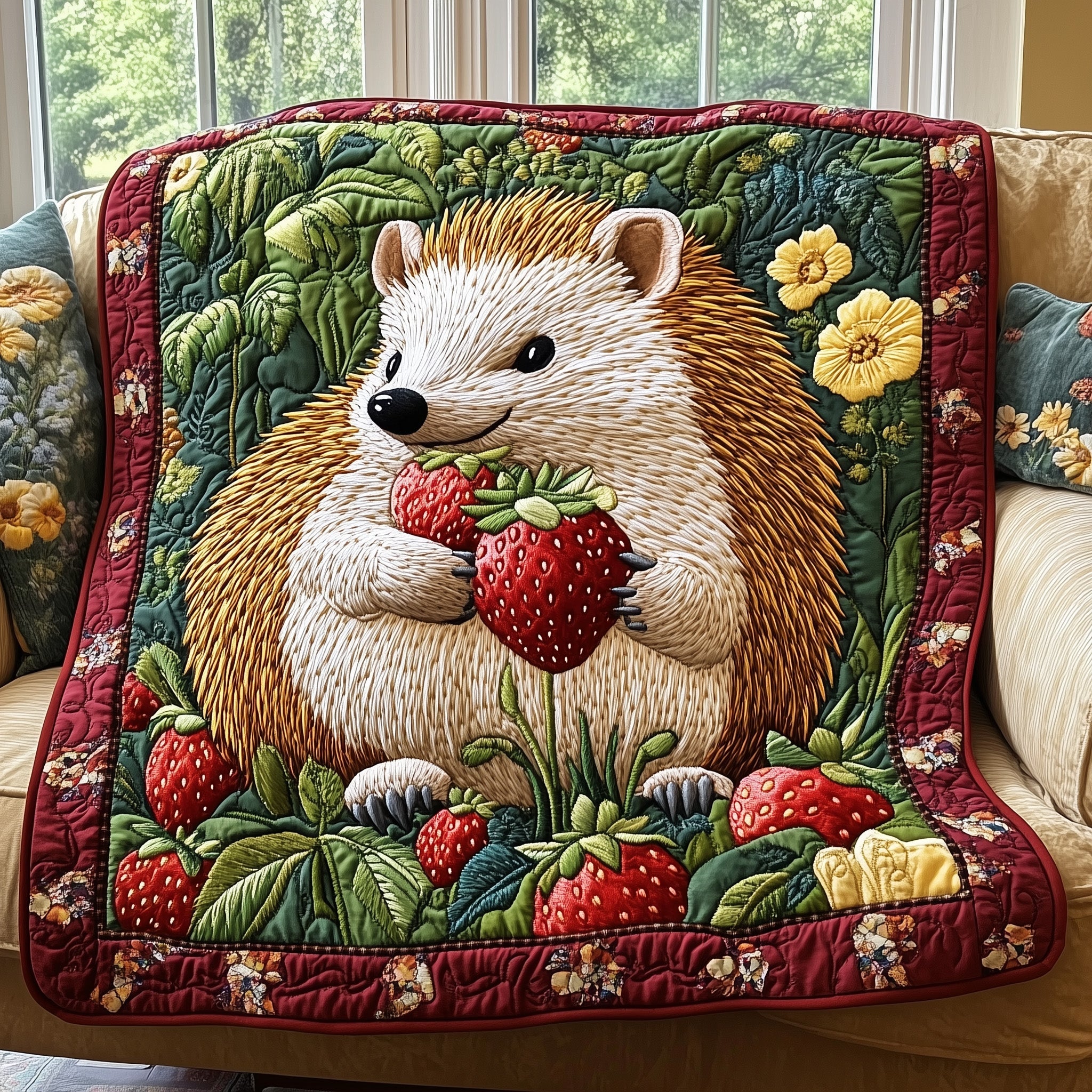 Hedgehog Strawberry Feast Quilted Blanket Cute Bed BlanketPresents For Hedgehog Lover