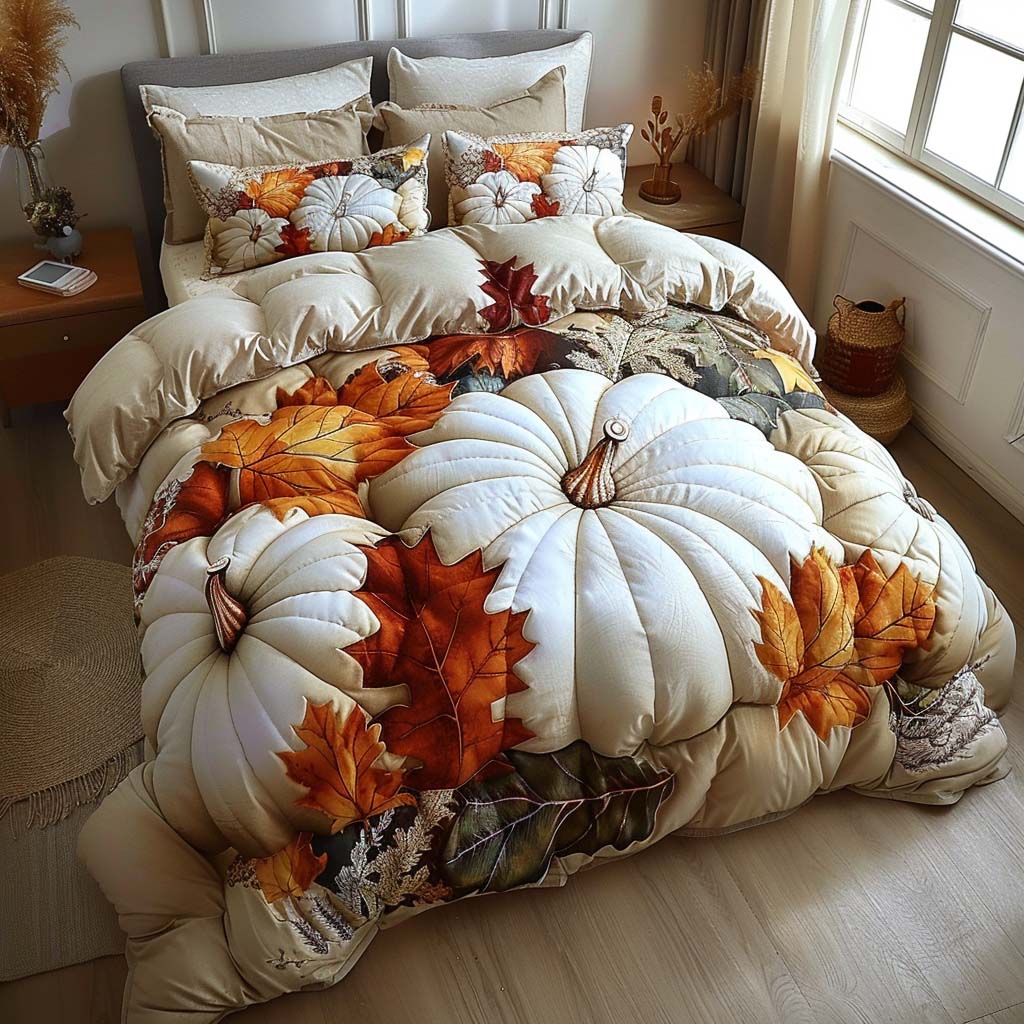 Heirloom Pumpkin Quilted Bedding Set Queen Size Comforter Autumn Gift For Parents