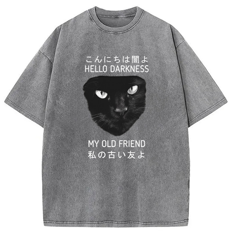 Hello Darkness My Old Friend Cat Washed T-Shirt Funny Graphic Gift For Friends Gifts For BFF