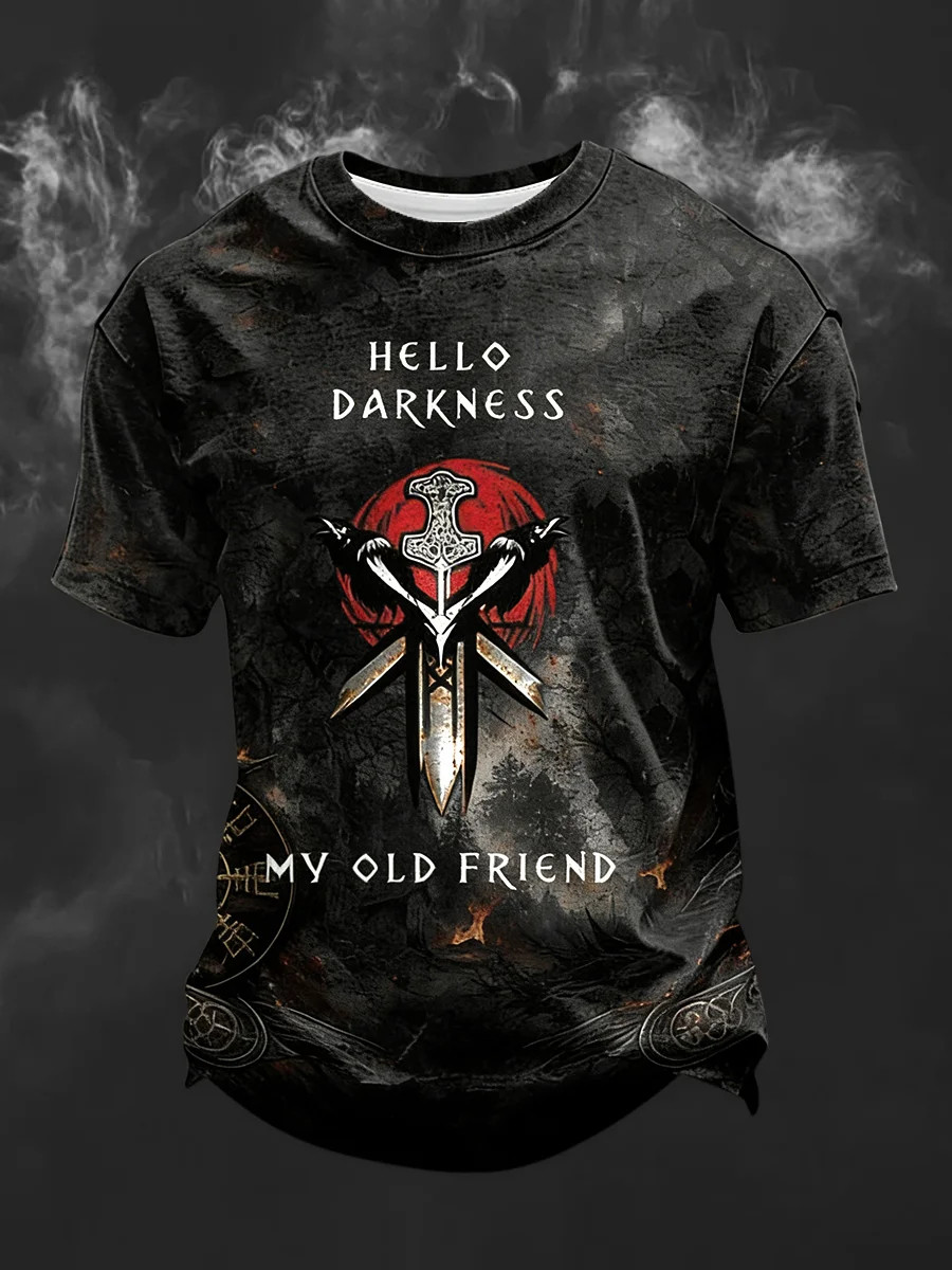 Hello Darkness My Old Friend T-Shirt Viking Raven Graphic Tees Norse Apparel Gift For Him