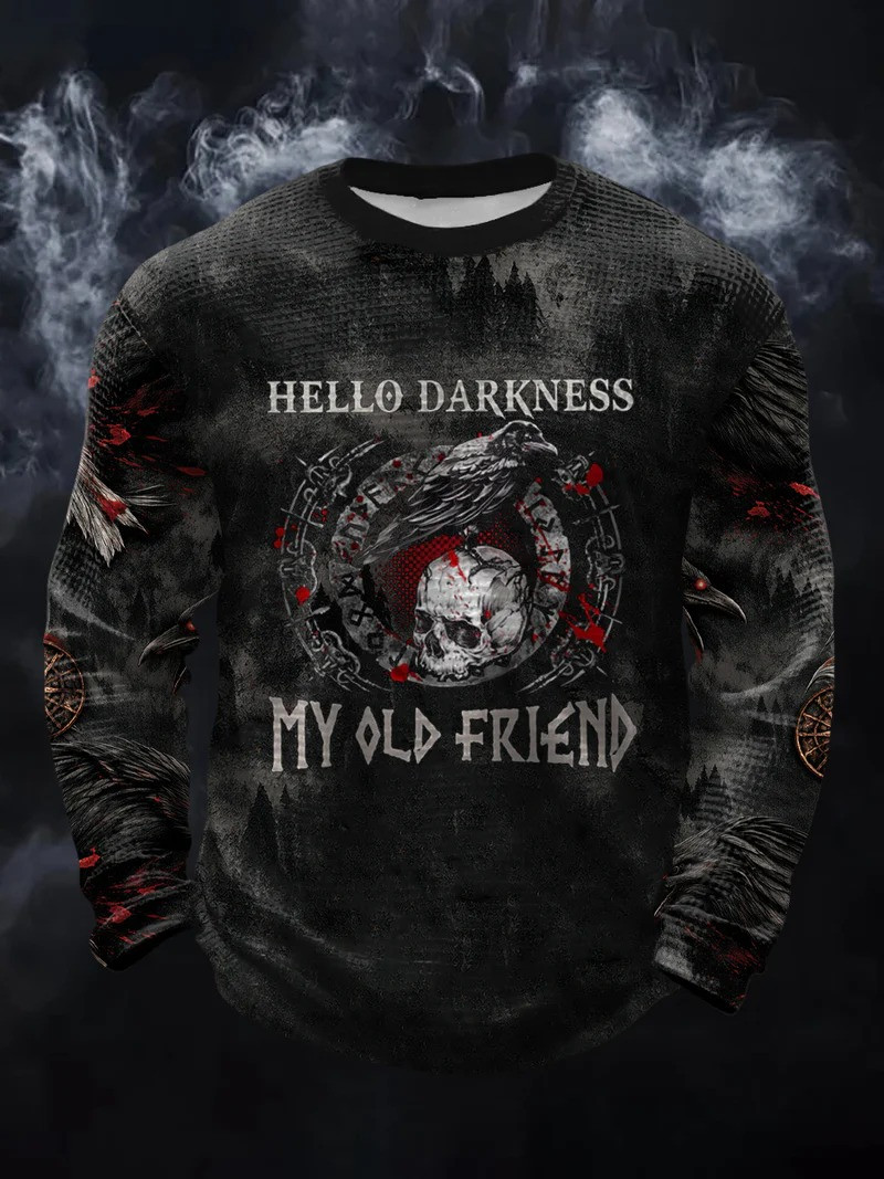 Hello Darkness My Old Friend Viking Style Long Sleeve Shirt Valhalla Raven Skull Norse Gift Ideas
