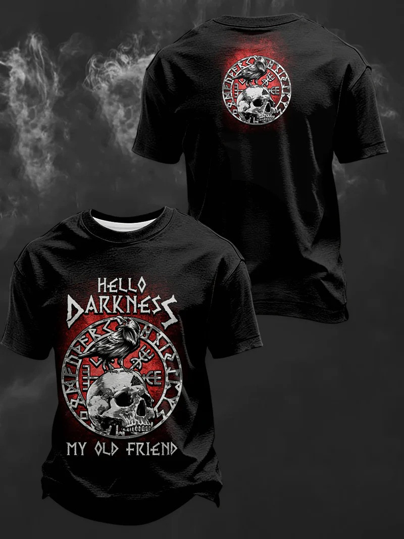 Hello Darkness My Old Friend Viking Style T-Shirt Valhalla Raven Skull Norse Gift For Viking Lovers