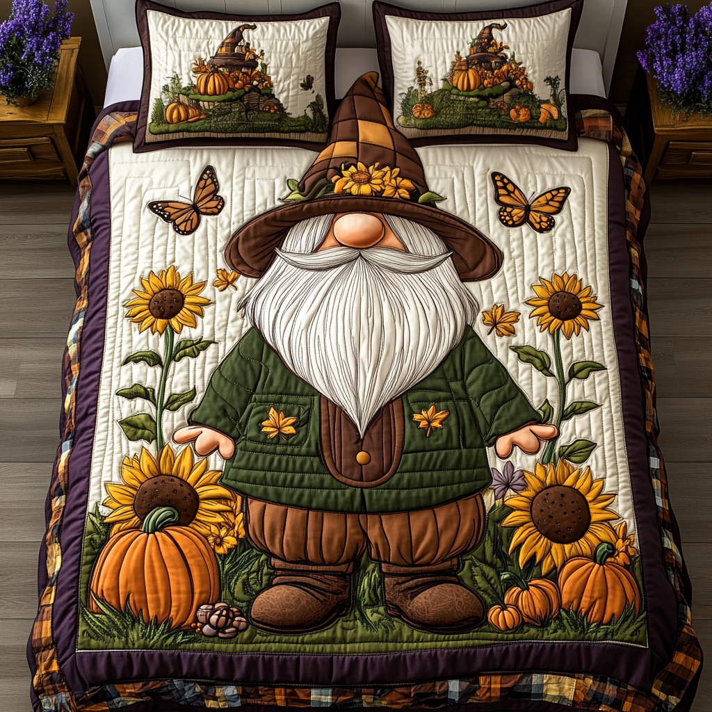 Hello Fall Hello Gnomes Quilted Bedding Set Cute Bedroom Decor Gift For Mid Autumn Festival