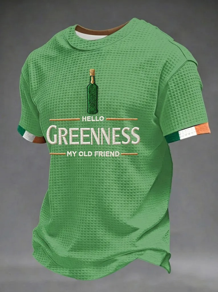 Hello Greenness My Old Friend Irish Flag Waffle T-Shirt Whiskey Bottle Shirt St Patricks Gift For Him
