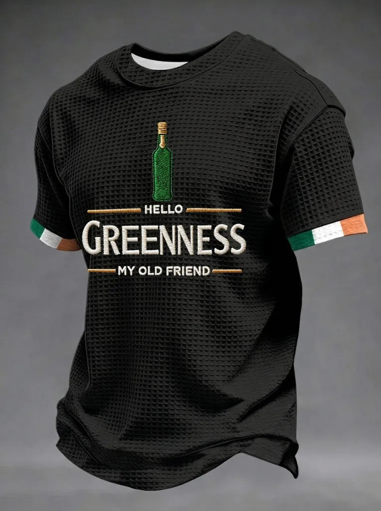 Hello Greenness My Old Friend Waffle T-Shirt Irish Whiskey Bottle Flag Tee St Patricks Day Gift Ideas