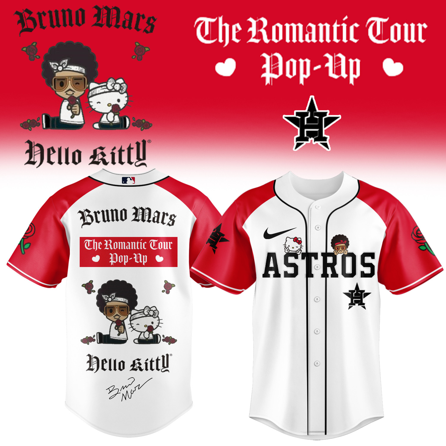 Hello Kity X Bruno Mars Houston Astros Jersey The Romantic Tour Merch Best Fans Gift For Him