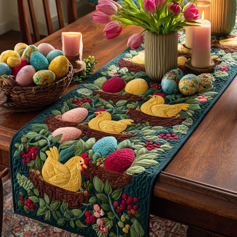 Hen Basket Quilted Table Runner Easter Farmhouse Table Decor Gift For Easter Lovers