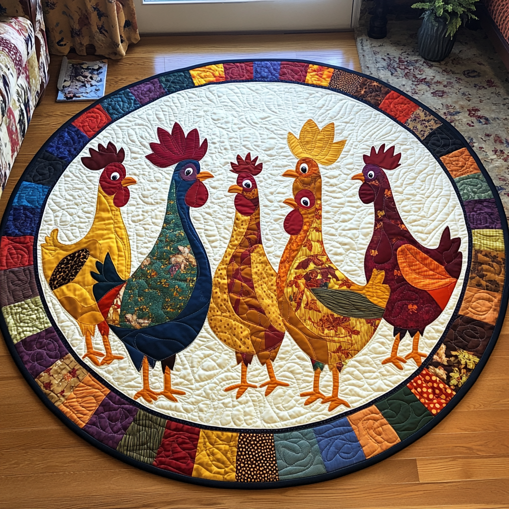 Hen Harmony Quilted Round Mat Unique Front Door Decor Gifts With Chickens On Them