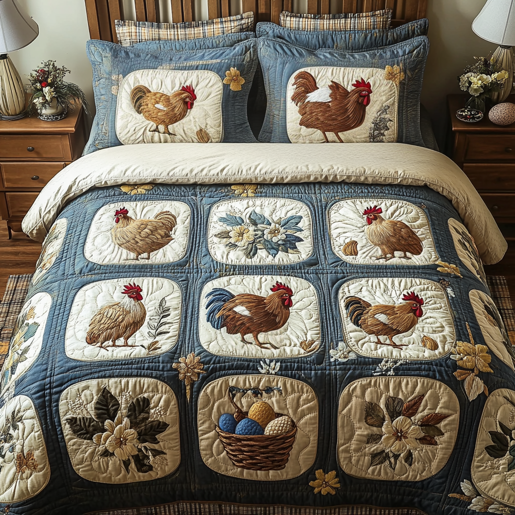 Hen Haven Quilted Bedding Set Holiday Duvet Covers Chicken Lover Presents