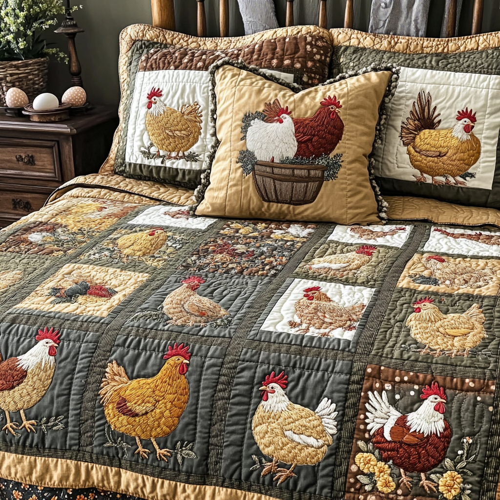 Hen Parade Quilted Bedding Set Aesthetic Room Decor Gift Ideas For Chicken Lovers