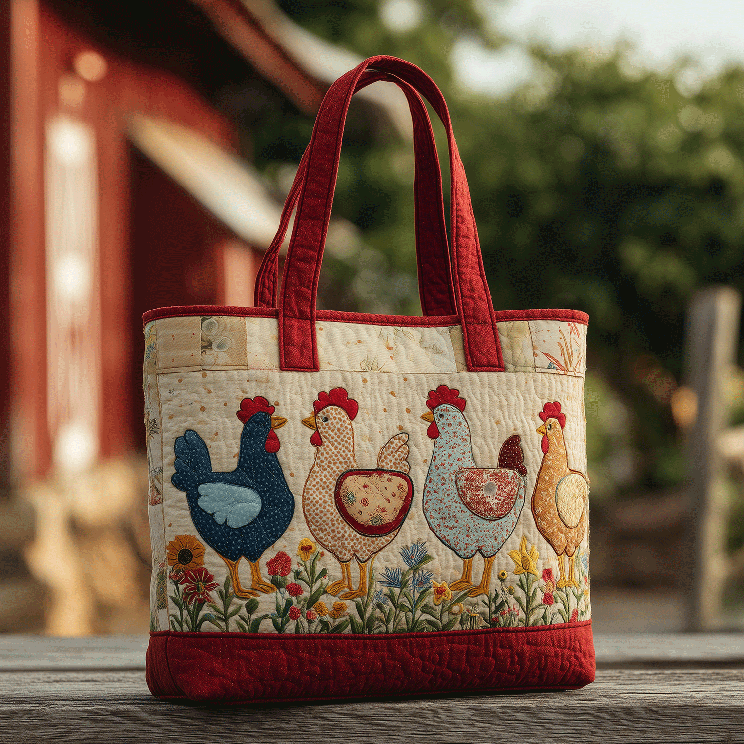 Henhouse Harmony Quilted Tote Bag Gifts With Chickens On Them