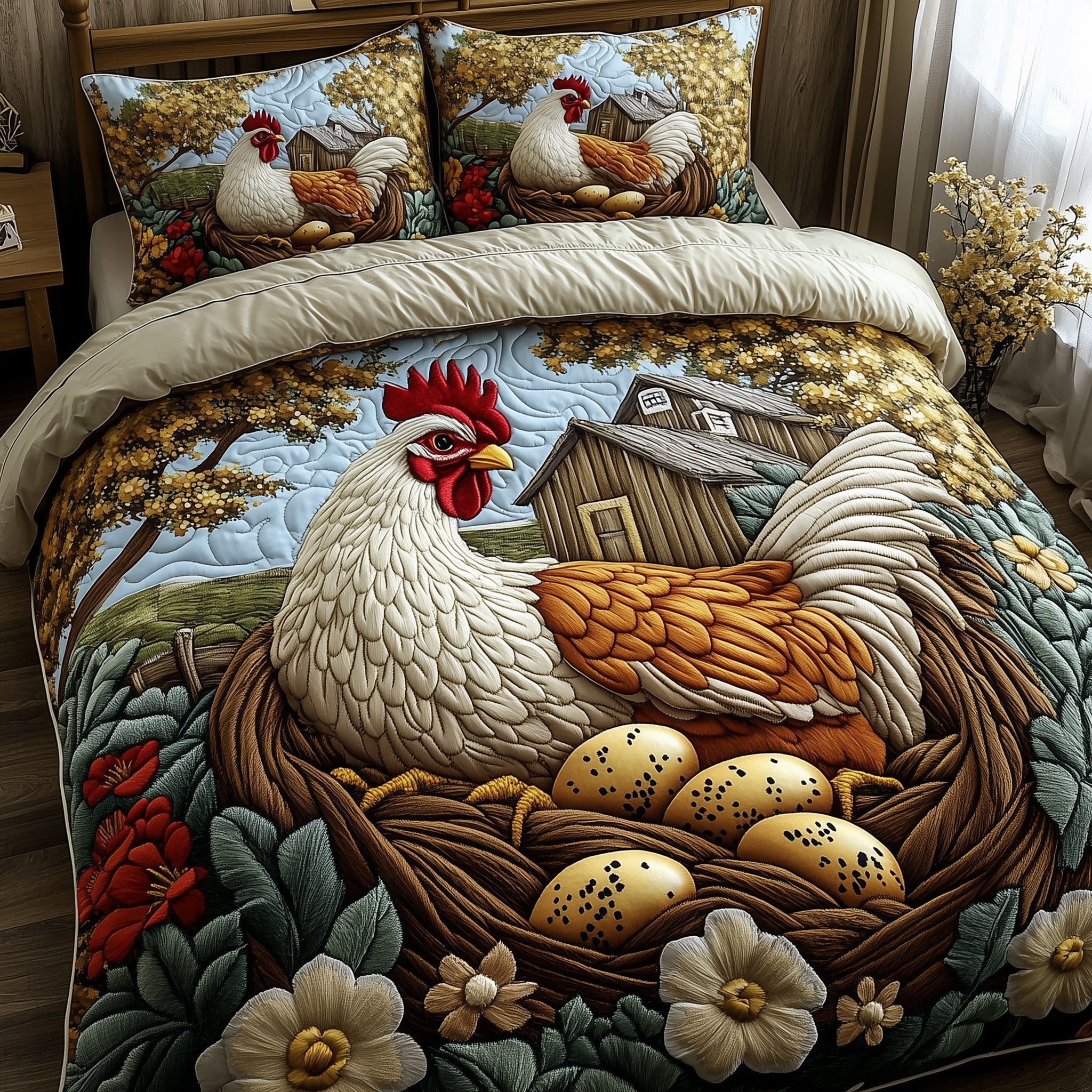 Hens Quilted Bedding Set Duvet Cover Bed Sheet Christmas Gifts For Chicken Lovers