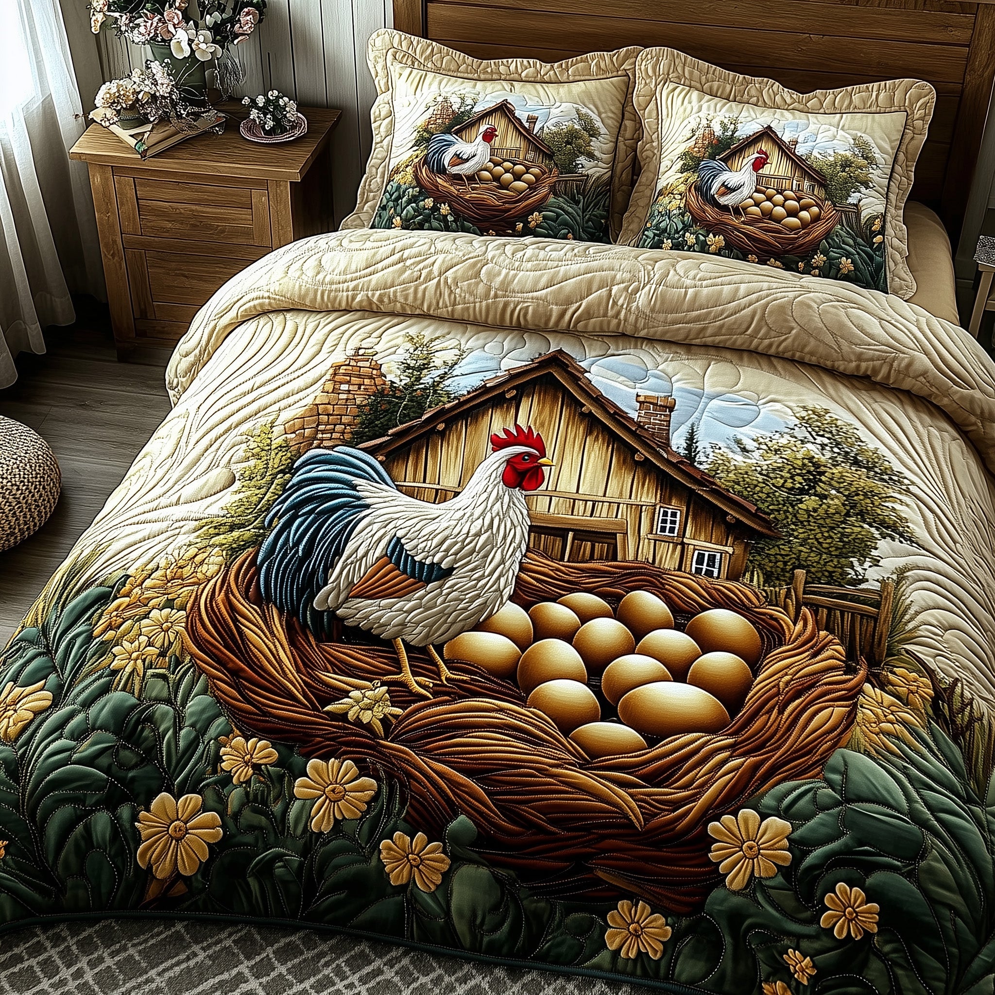 Hens Quilted Bedding Set Duvet Cover Bed Sheet Gift Ideas For Chicken Lovers