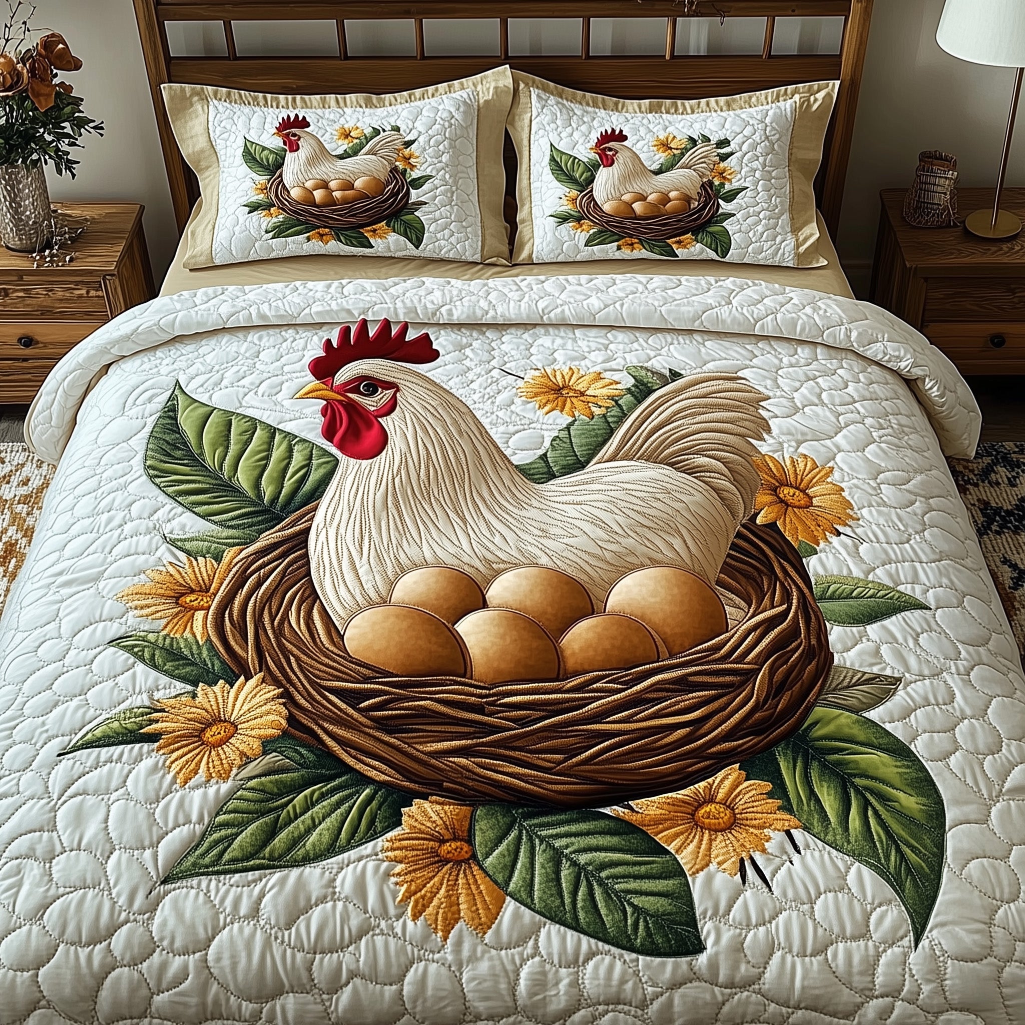 Hens Quilted Bedding Set Duvet Cover Bed Sheet Presents For Chicken Lovers