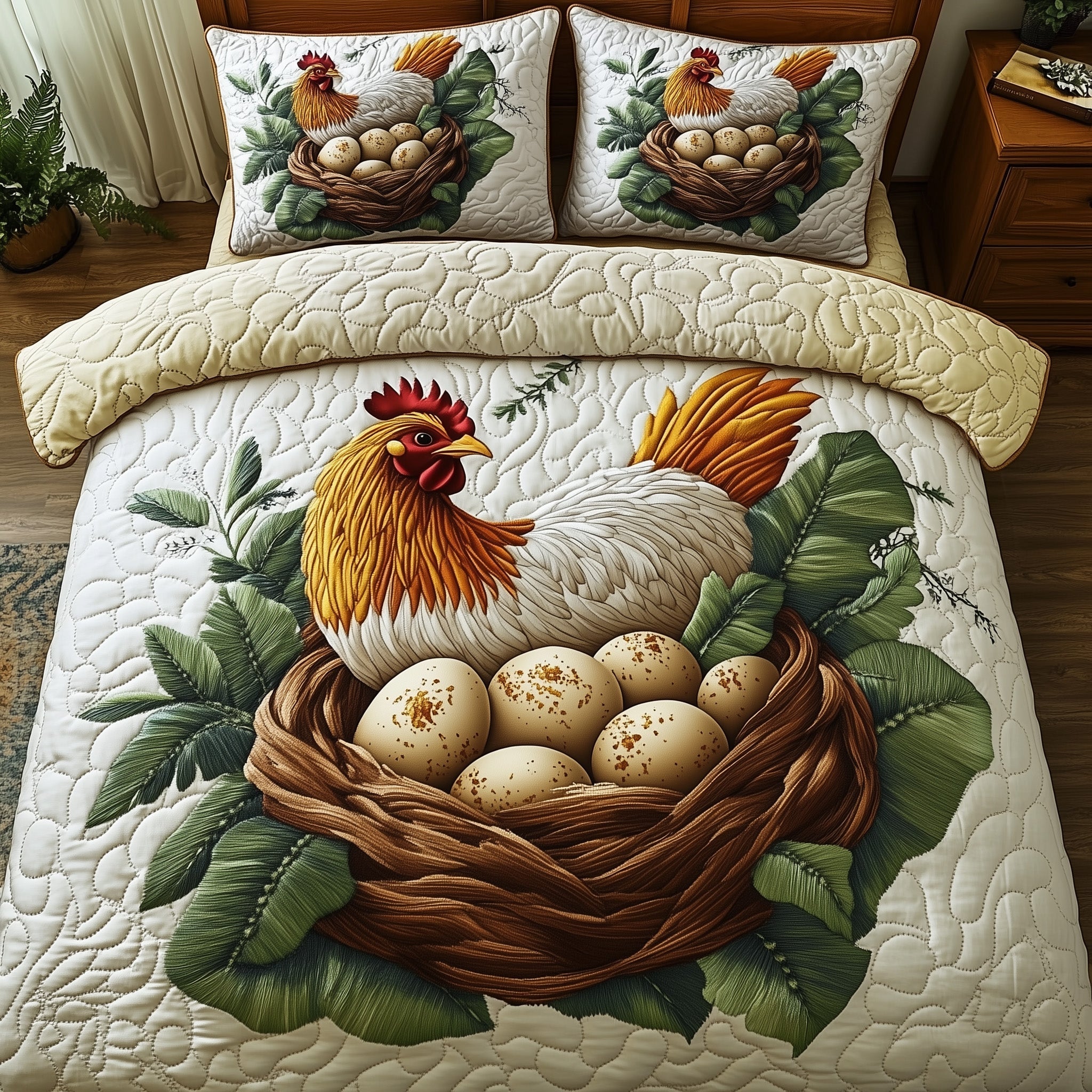 Hens Quilted Bedding Set Duvet Cover Bed Sheet Presents For Chicken Owners